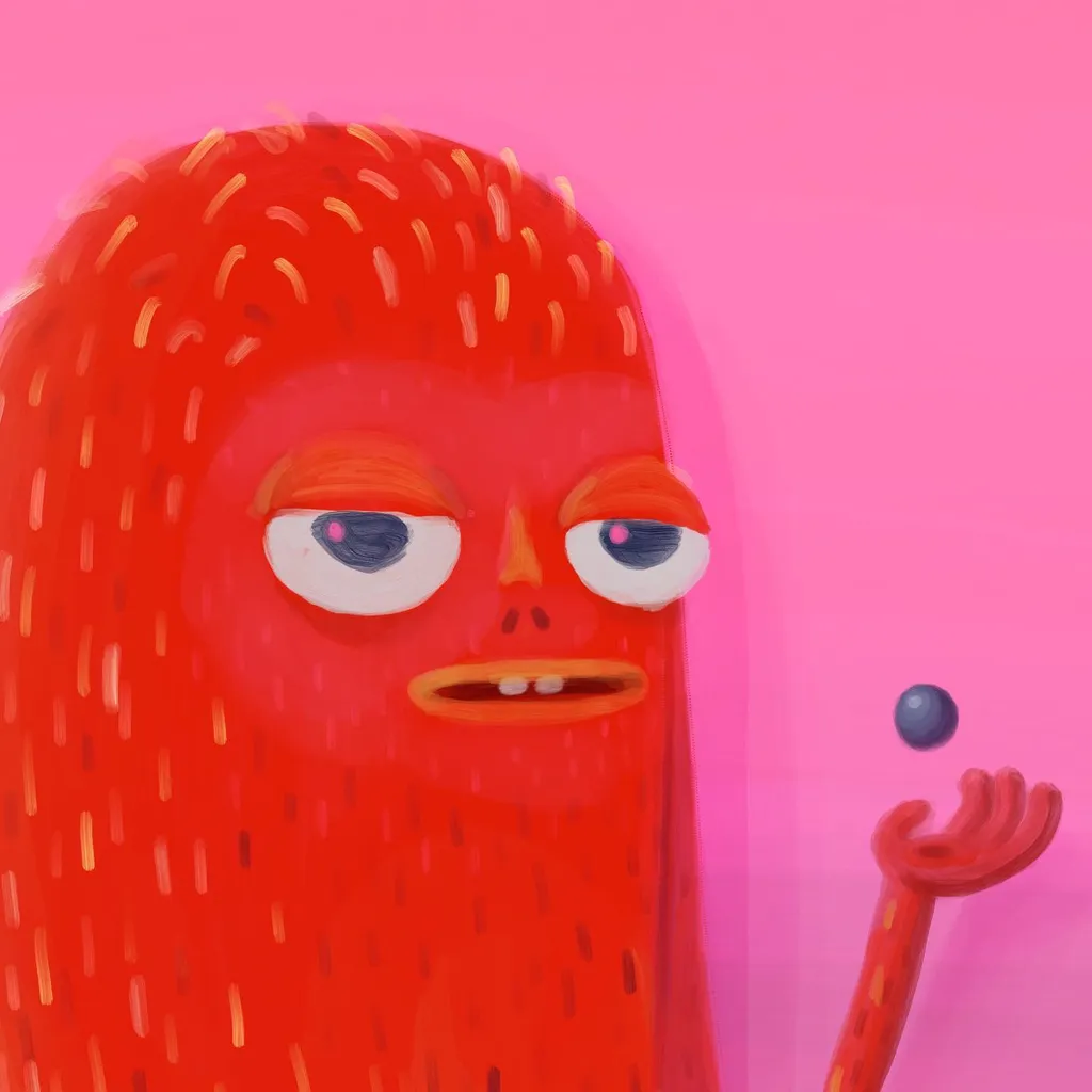 A stylized red figure with textured hair and large eyes fills the left frame against a solid pink background, reaching a hand toward a small blue sphere.