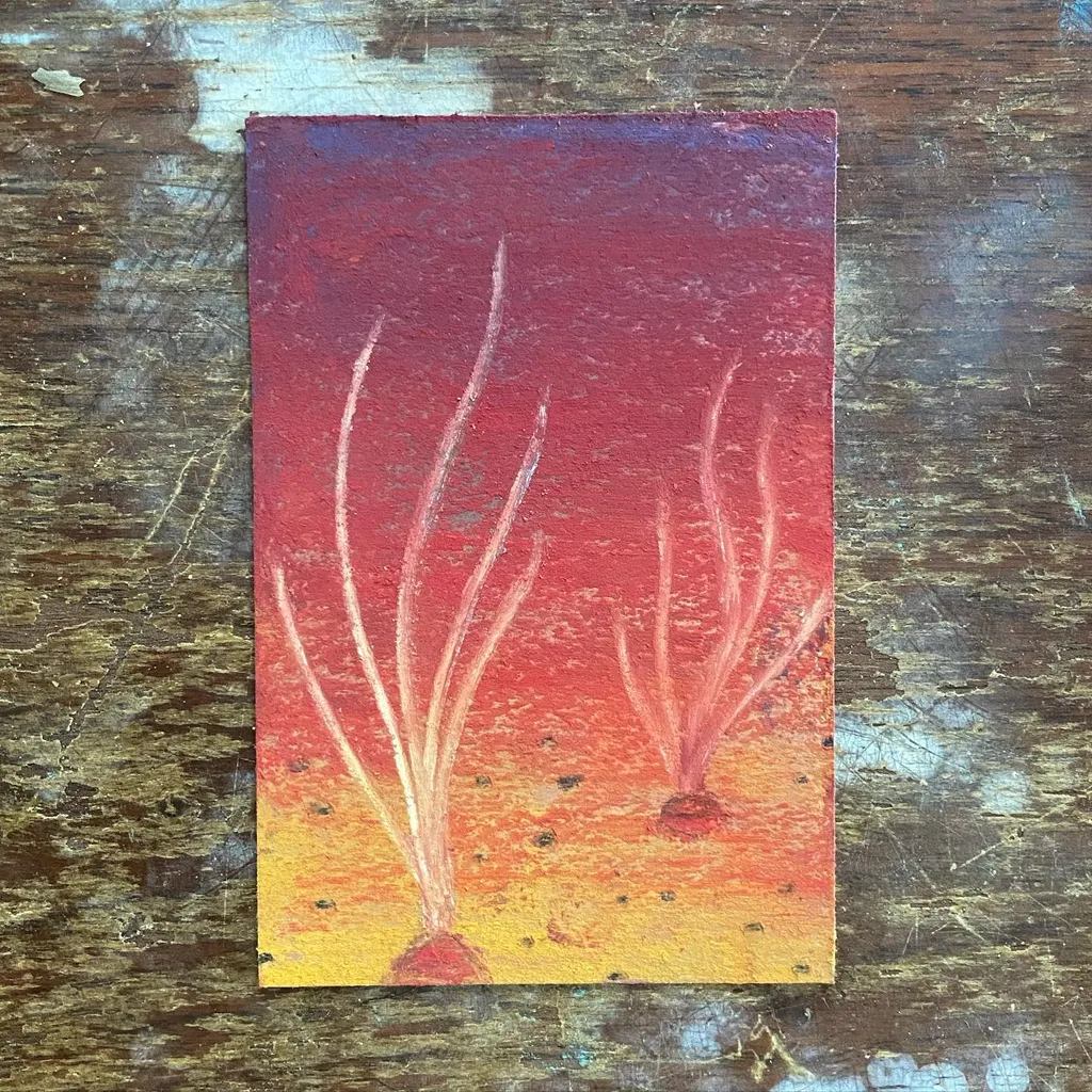 A vertical painting features two white, upward-reaching, stylized forms set against a gradient background of yellow, orange, deep red, and burgundy.