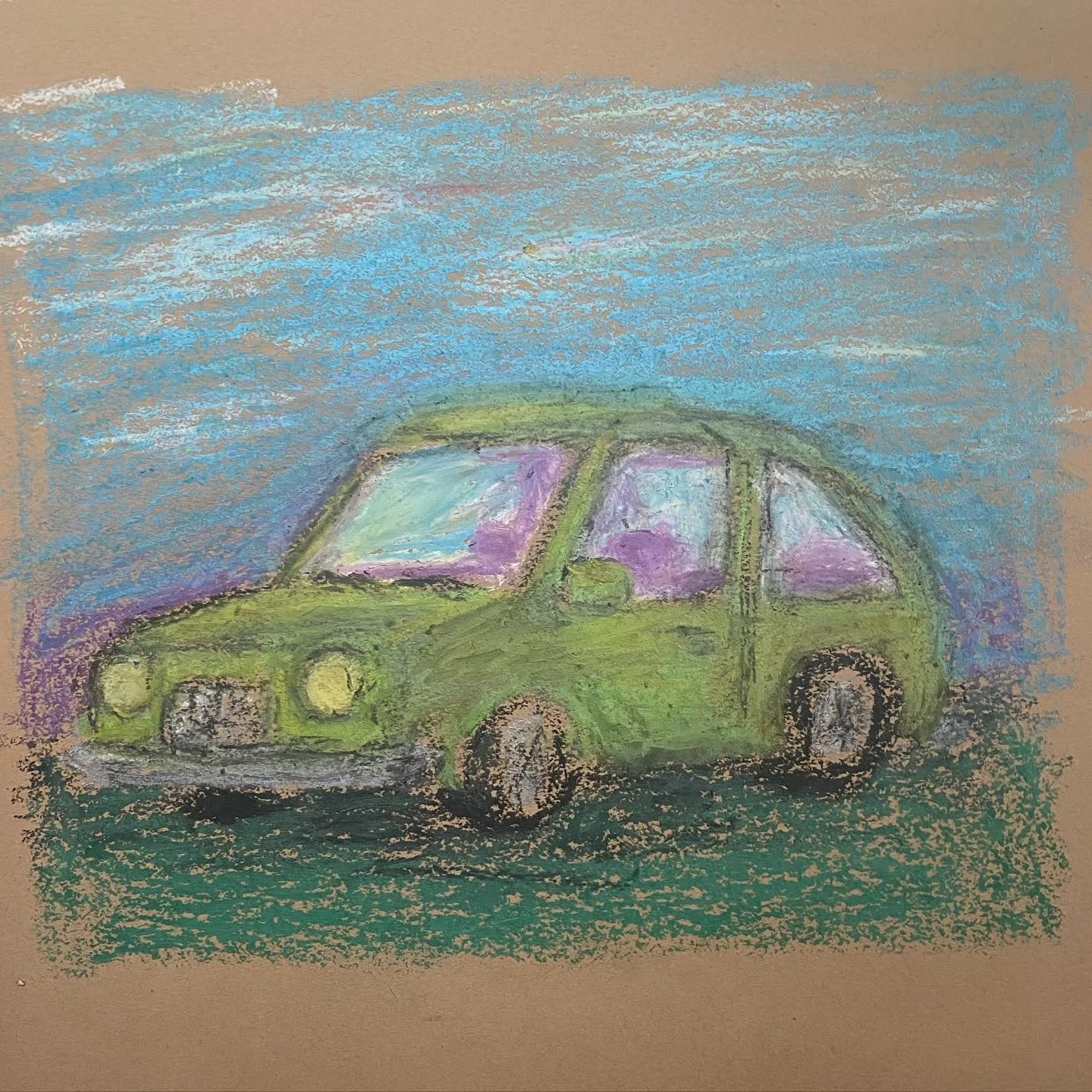 A boxy, lime green car is drawn against a background of horizontal blue streaks, resting on a heavily textured dark green ground.