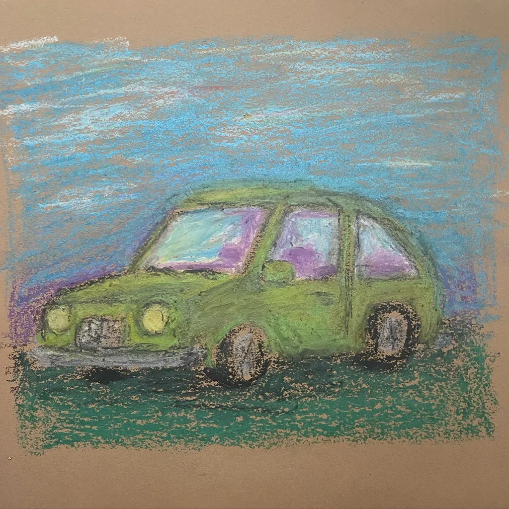 A boxy, lime green car is drawn against a background of horizontal blue streaks, resting on a heavily textured dark green ground.