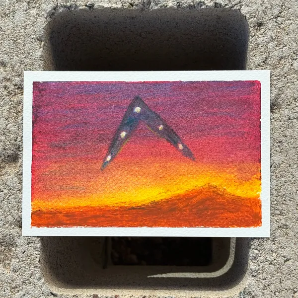 A rectangular artwork depicts a sunset sky with deep reds and purples fading into bright oranges and yellows, featuring a central V-shape marked with white dots above a textured horizon line.