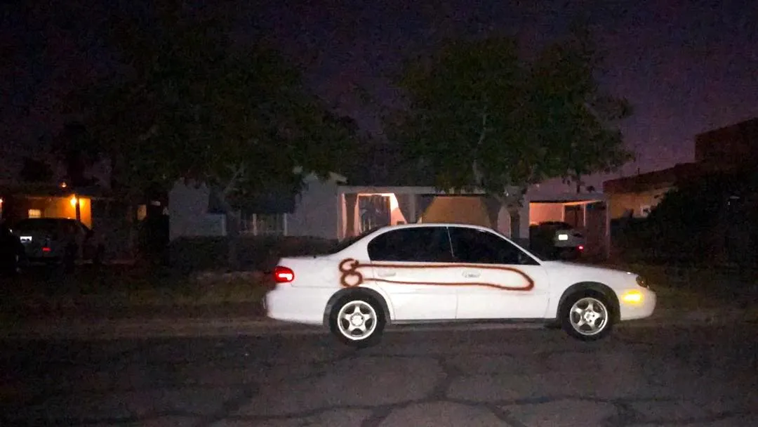 A white sedan with a red stylized decal is parked on a dark street under nighttime lighting, framed by dark foliage and residential houses in the background.