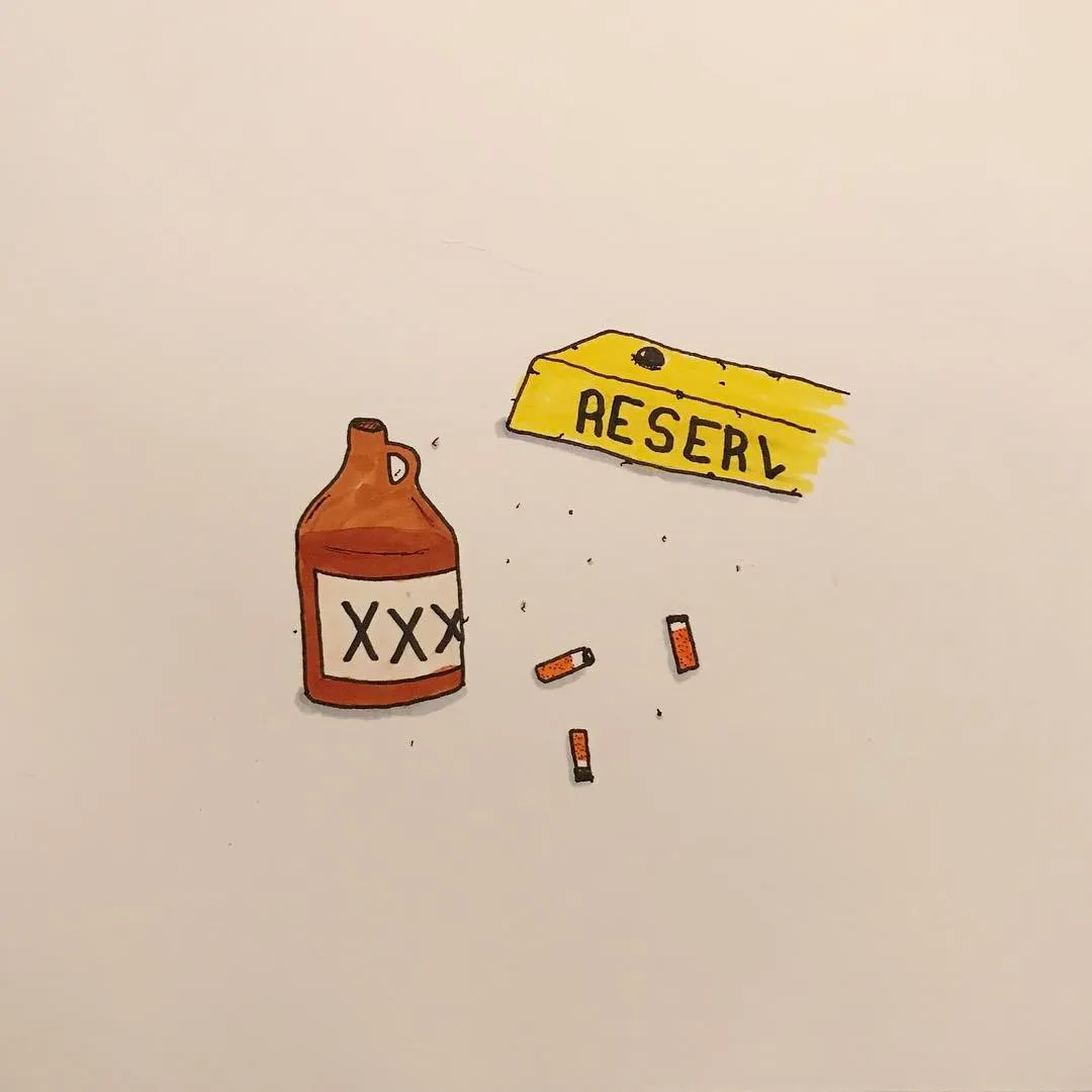 A brown bottle labeled XXX and a yellow tag labeled RESERV are drawn on a light background, surrounded by several small, scattered reddish rectangular shapes.
