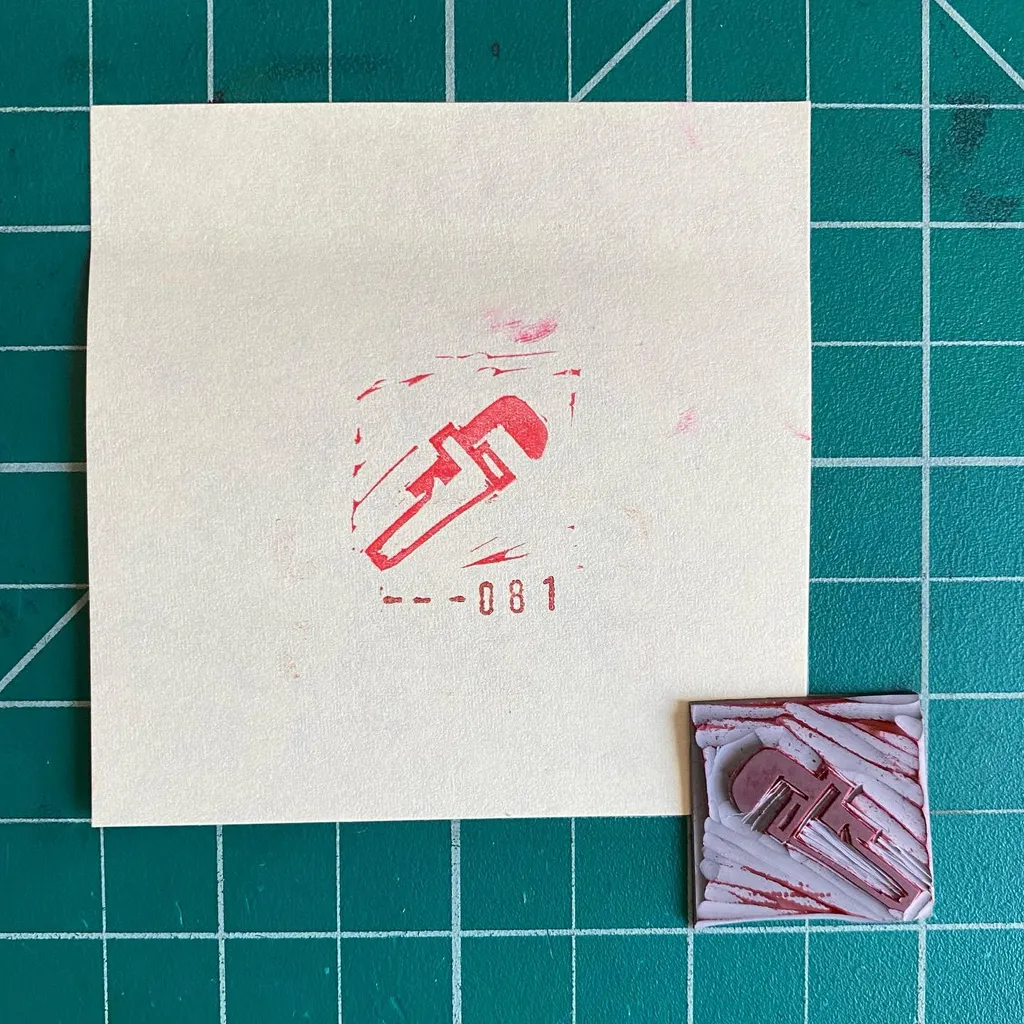 A cream square paper displays a red graphic of a tool and the numbers 081, alongside a small packaged item containing two reddish implements, all set on a teal grid background.