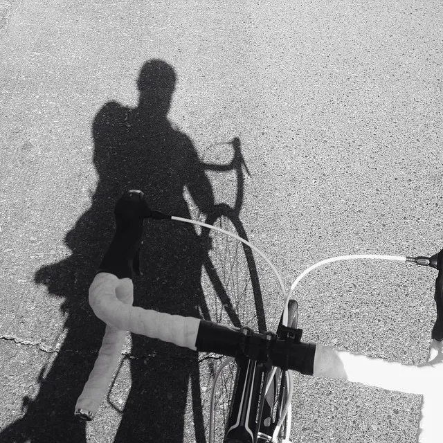 High-contrast, black and white overhead view of a bicycle and a person's shadow cast dramatically on a textured, paved surface.