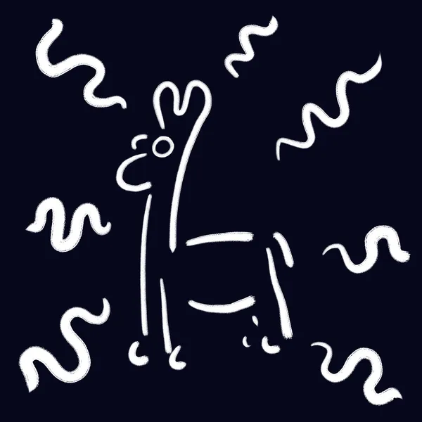 A simple white drawing of a giraffe stands centered against a dark background, surrounded by several wavy white lines.
