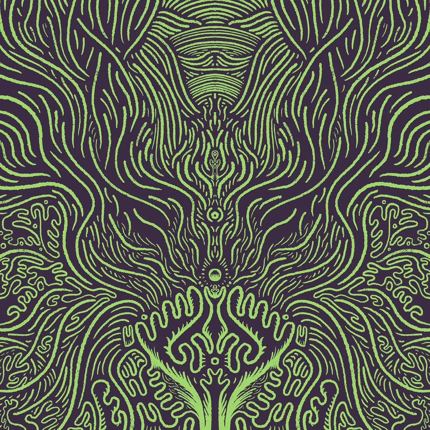 Intricate, symmetrical design in neon green lines on a deep purple field, composed of flowing, abstract, organic shapes that radiate outward from a central vertical axis.