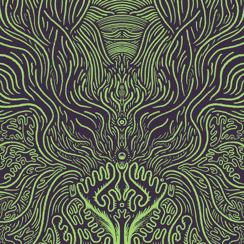 Intricate, symmetrical design in neon green lines on a deep purple field, composed of flowing, abstract, organic shapes that radiate outward from a central vertical axis.