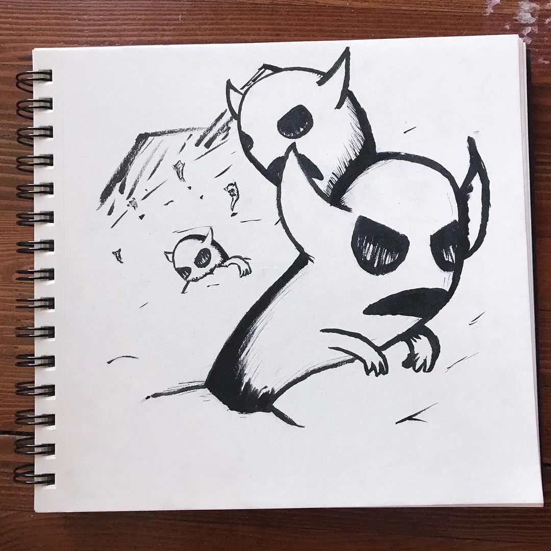 Black ink drawing of two stylized dog figures, one large and one small, with a third dog sketched in the background near abstract hills.