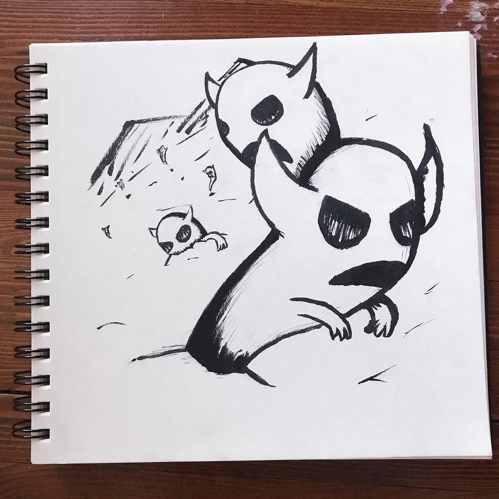 Black ink drawing of two stylized dog figures, one large and one small, with a third dog sketched in the background near abstract hills.