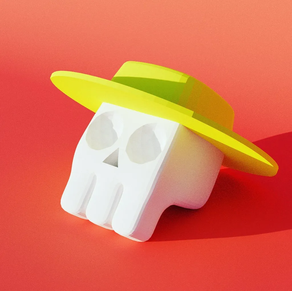 A white, stylized skull object wearing a bright yellow, wide-brimmed hat is positioned on a solid red background.