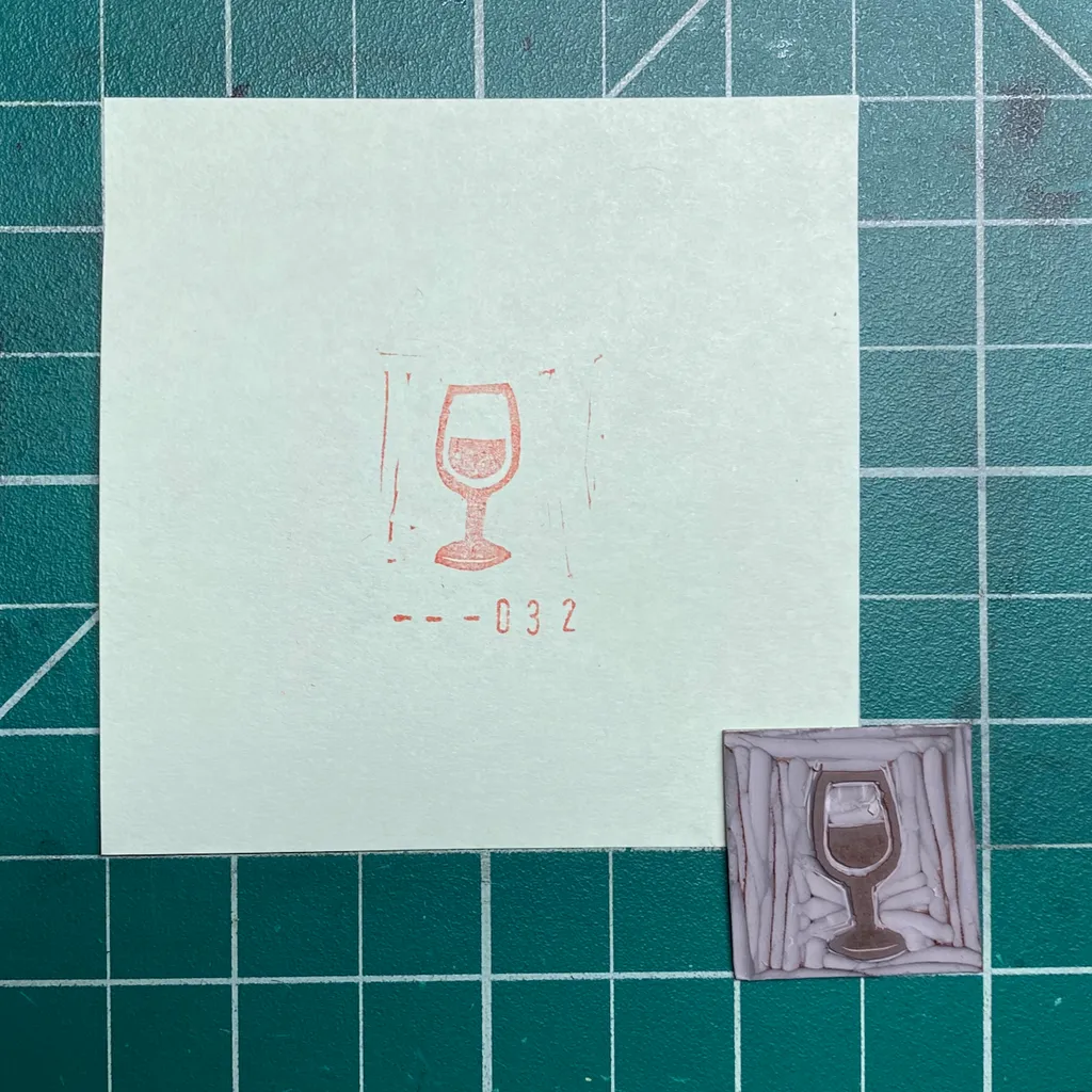 On a dark teal grid, a white paper displays a red line drawing of a wine glass and the number --032, positioned above two small, square artworks, one of which shows a textured reddish-brown wine glass.