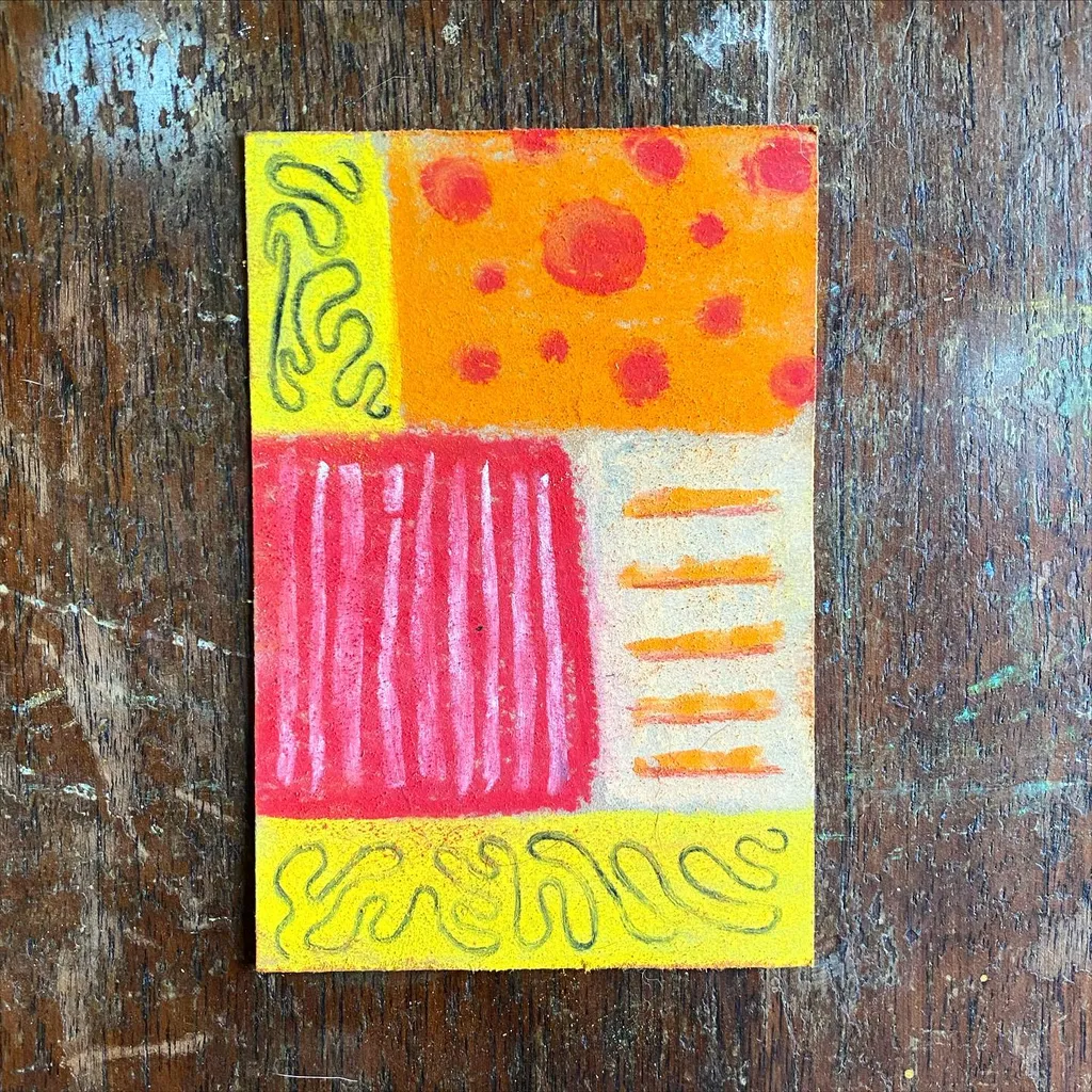 A square composition divided into four quadrants: yellow with black waves, orange with red circles, red with vertical stripes, and white with orange stripes, all outlined in black.