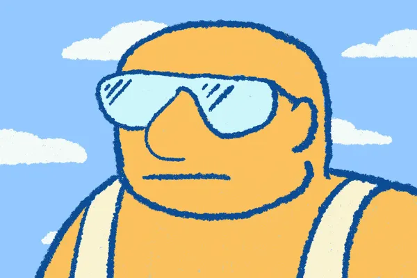 Stylized drawing of an orange-skinned figure wearing large blue sunglasses and straps, set against a light blue background containing several white, cloud-like shapes.