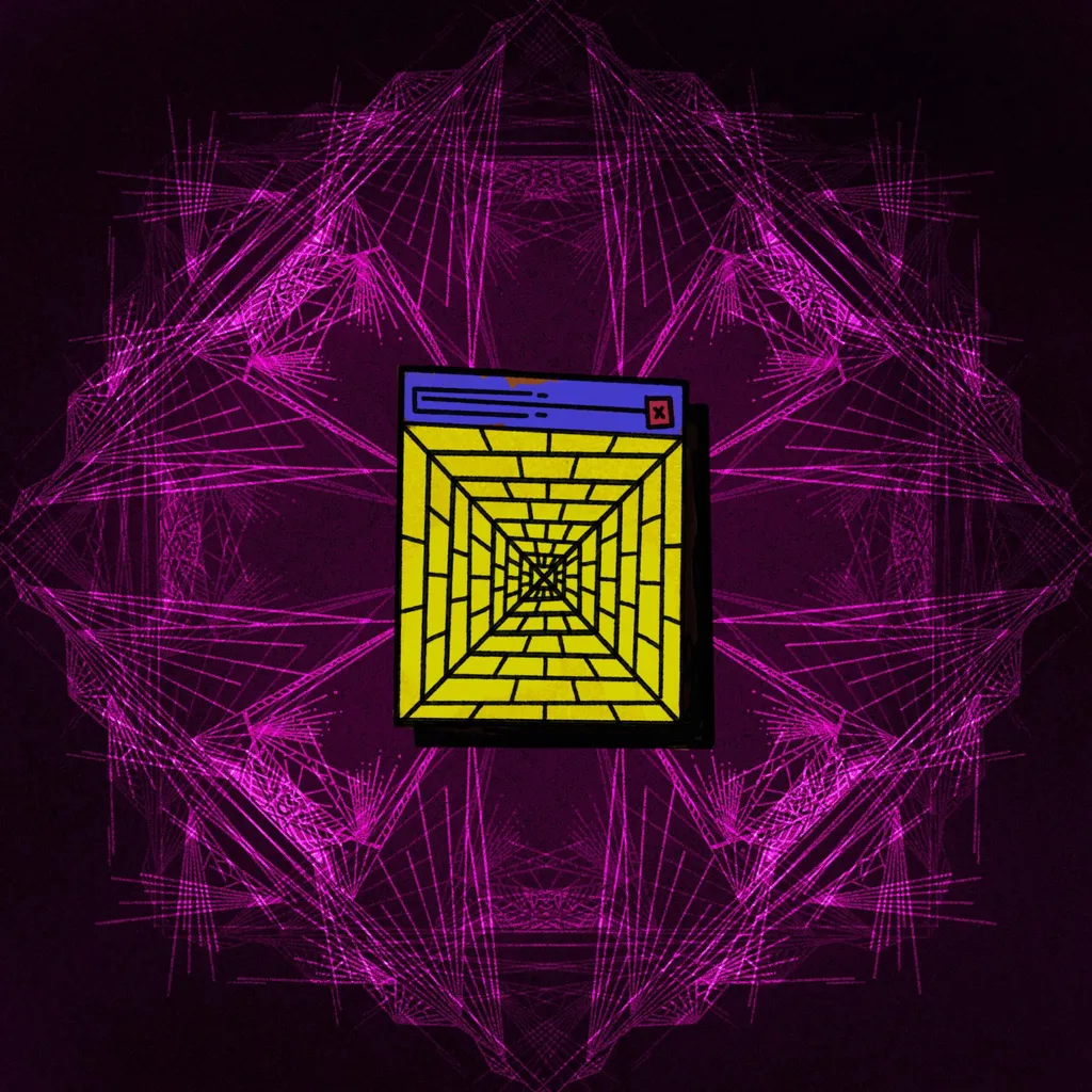 A black canvas features a central yellow and blue browser window framed by a radiating, symmetrical pattern of bright magenta geometric lines and intersecting points.