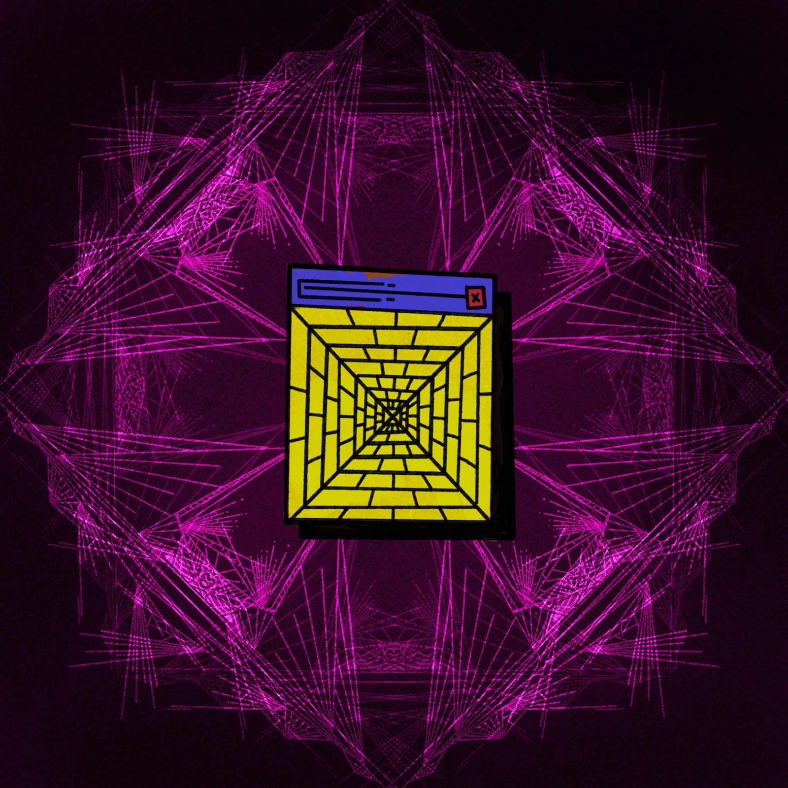 A black canvas features a central yellow and blue browser window framed by a radiating, symmetrical pattern of bright magenta geometric lines and intersecting points.