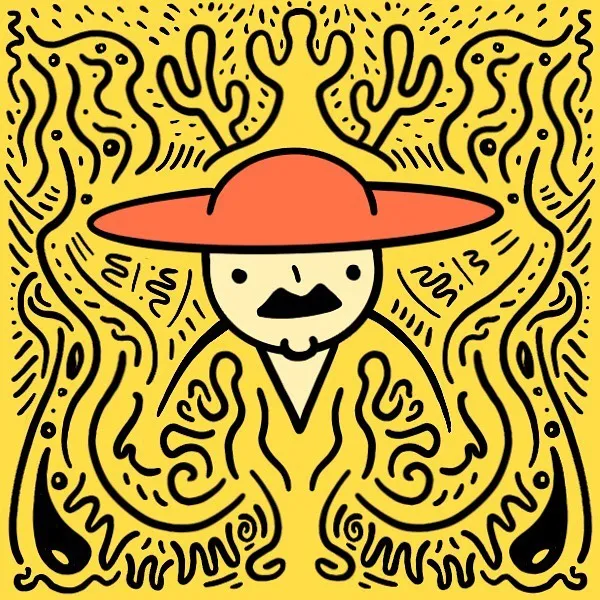 A central, stylized figure wearing a red hat is surrounded by a dense, yellow field of intricate black swirling and organic patterns.