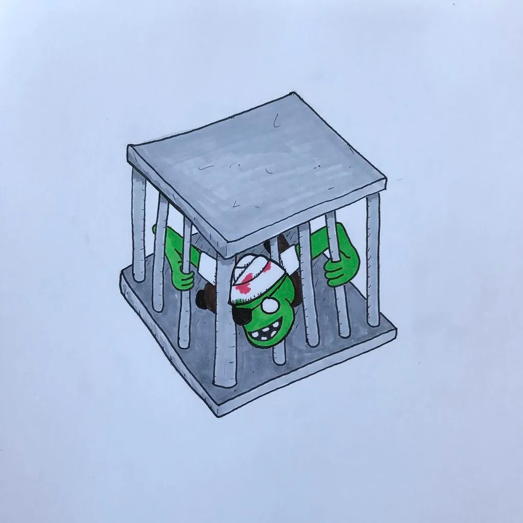 A cartoon green creature wearing a red and white bandana is drawn inside a gray, barred cage structure.