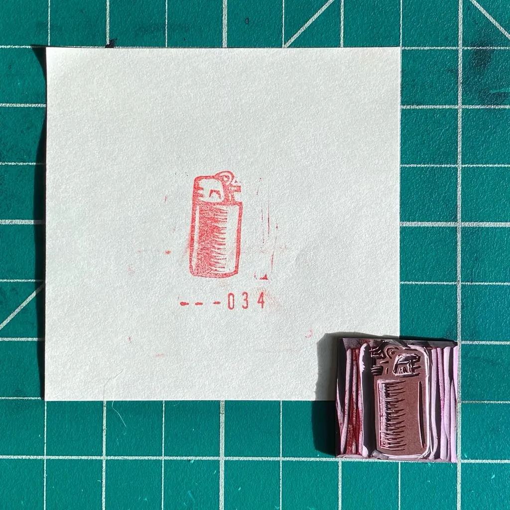 On a teal grid, a white square holds a red spray can drawing and the text --034, while a stack of small, rectangular objects in pink and brown sits below.