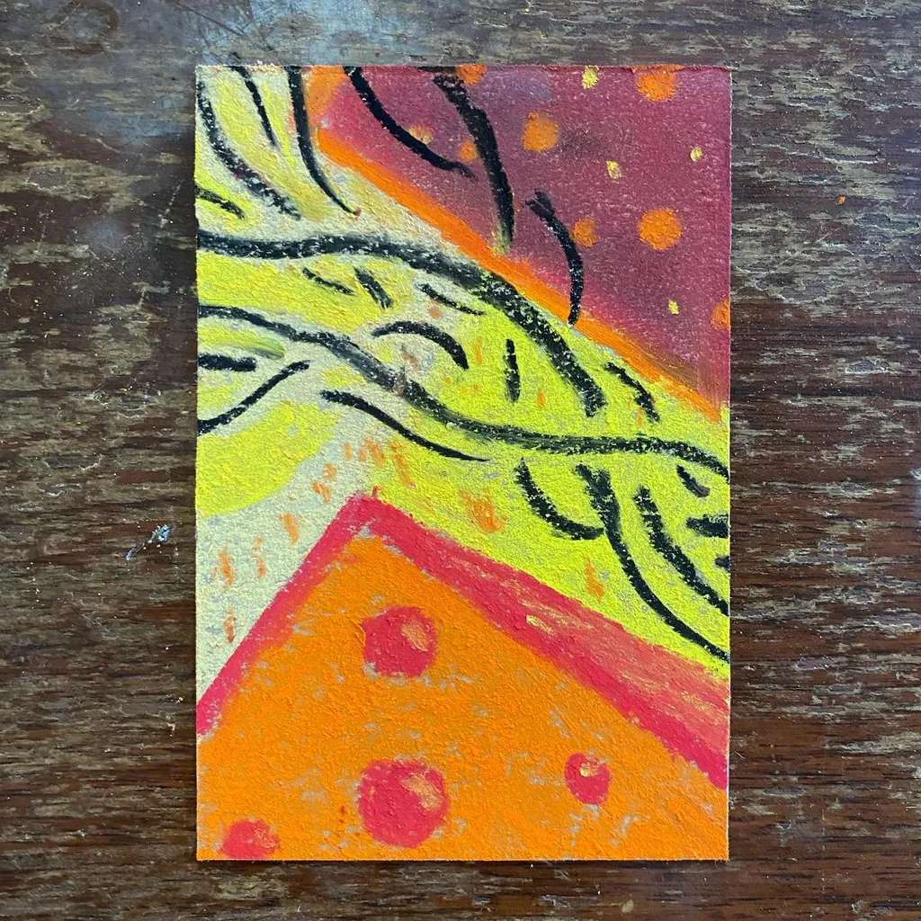 Three abstract horizontal bands feature bright orange with red spots, a yellow middle section marked by thick black wavy lines, and a deep reddish-brown top section with sparse dark curves.