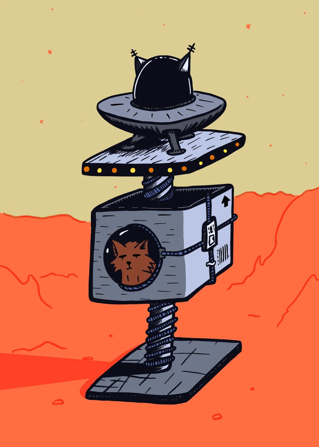 A stacked, whimsical machine features a black cat on a saucer, a gray box with a cat window, and a coiled spring, set against a reddish-orange background.