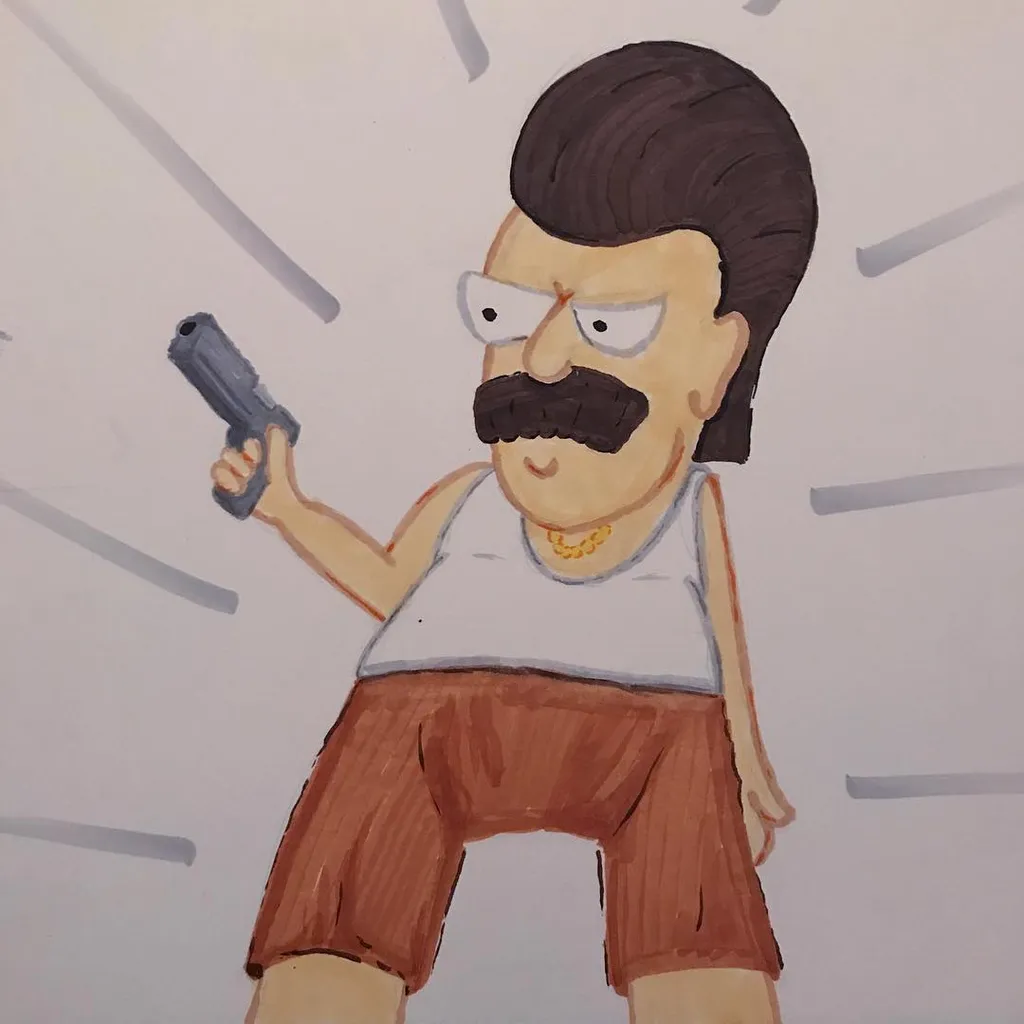 A cartoon man with dark hair and a mustache, wearing a white tank top and brown shorts, holds a small gun while standing against a background of diagonal gray lines.