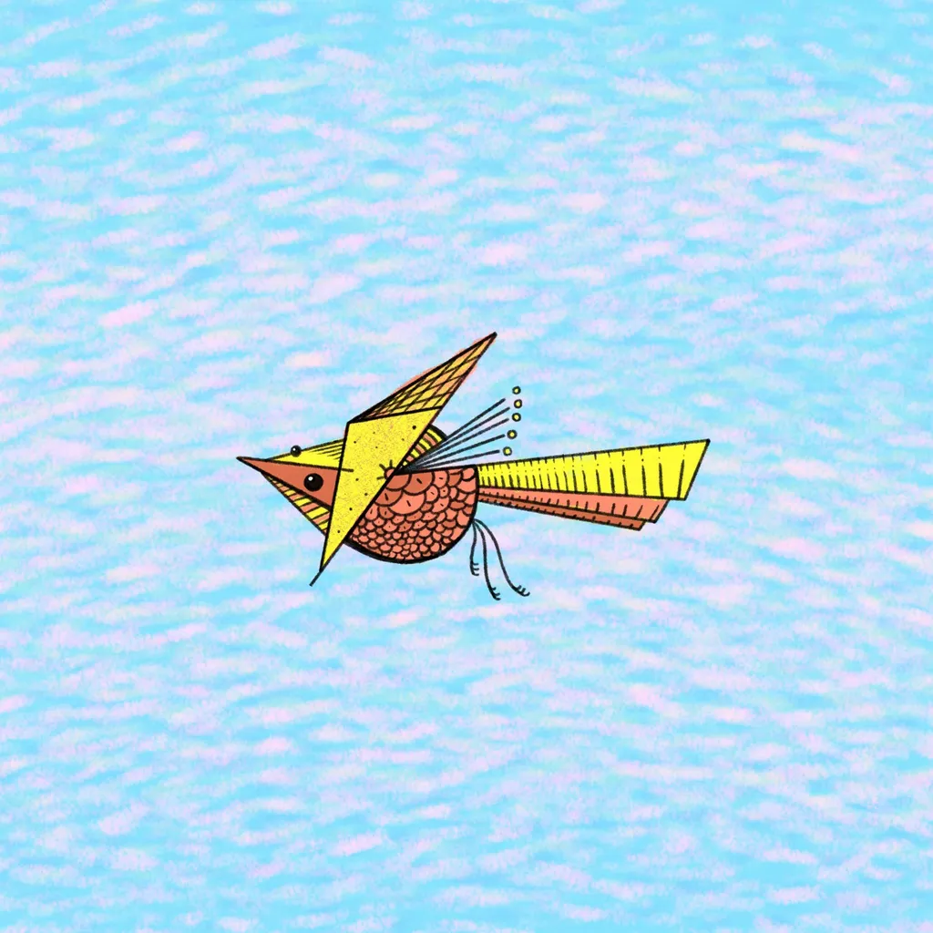 A stylized, yellow and orange bird flies across a light blue, textured background. Its body is reddish-brown with scale patterns, and its tail is striped.
