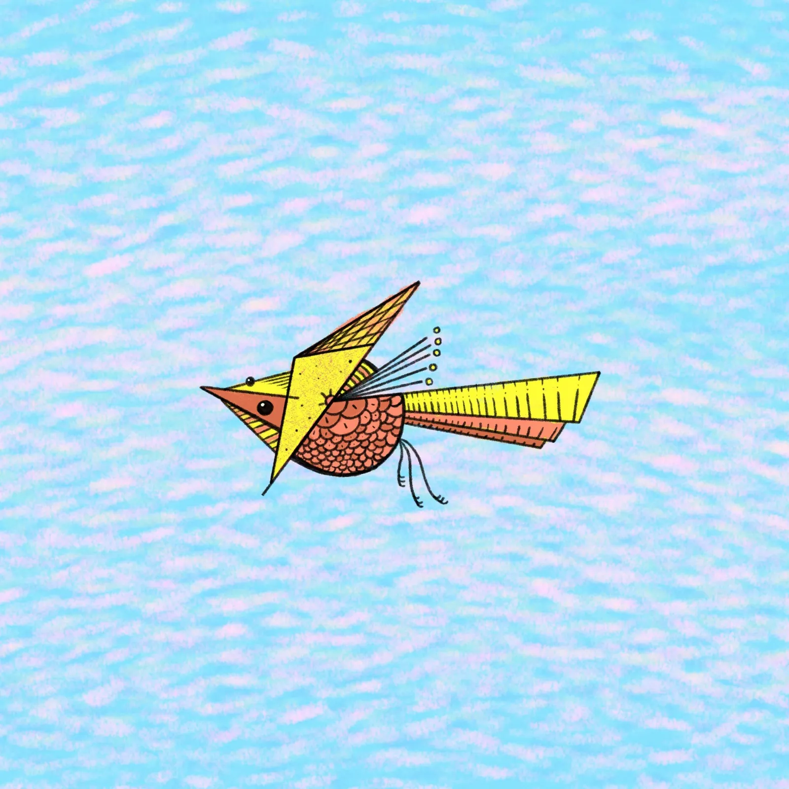 A stylized, yellow and orange bird flies across a light blue, textured background. Its body is reddish-brown with scale patterns, and its tail is striped.