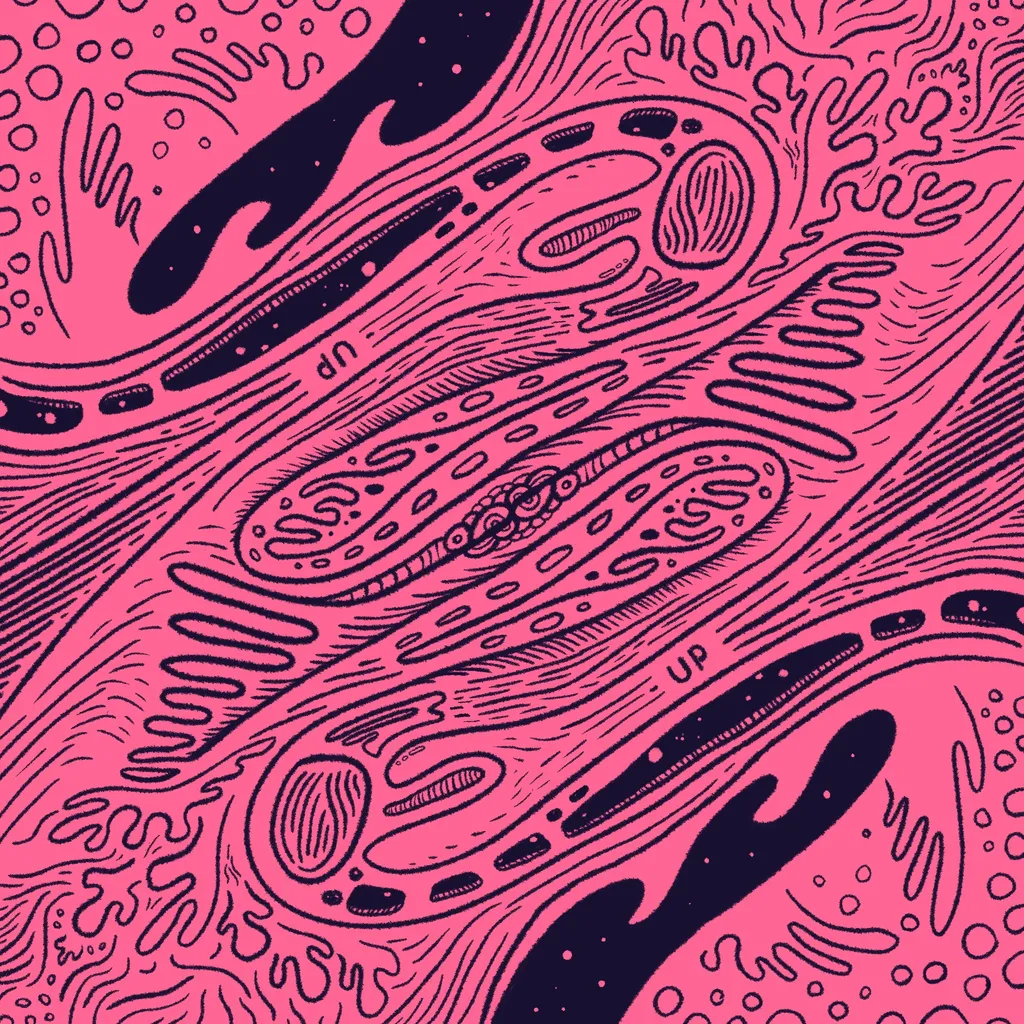 Abstract composition of organic, wavy shapes in bright pink and dark blue, filled with detailed linework, patterns, and the letters UP.