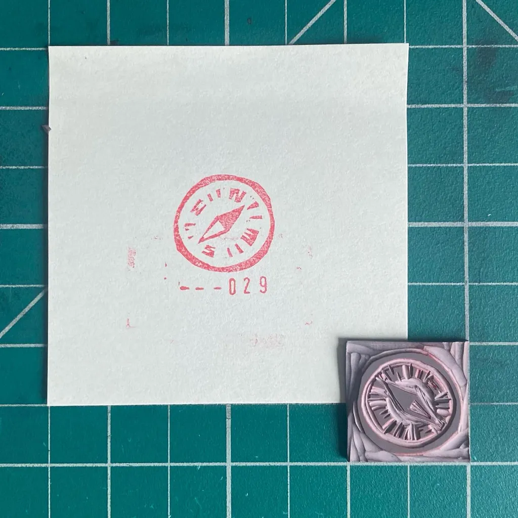 On a teal grid background, a white surface displays a red circular stamp and the number 029, positioned above a small square object with a pink and gray embossed circle.