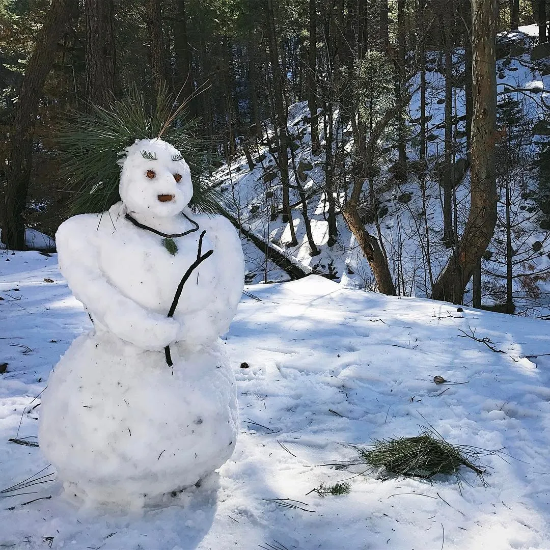A snowman stands in a snowy forest clearing, adorned with a wreath of pine needles and a small twig detail.