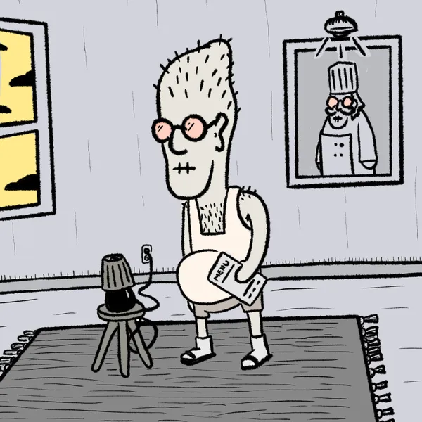 A cartoon drawing depicts a man with spiky hair and glasses holding a menu, standing in a room with two framed pictures—one yellow and one of a chef—and a small stand on the floor.