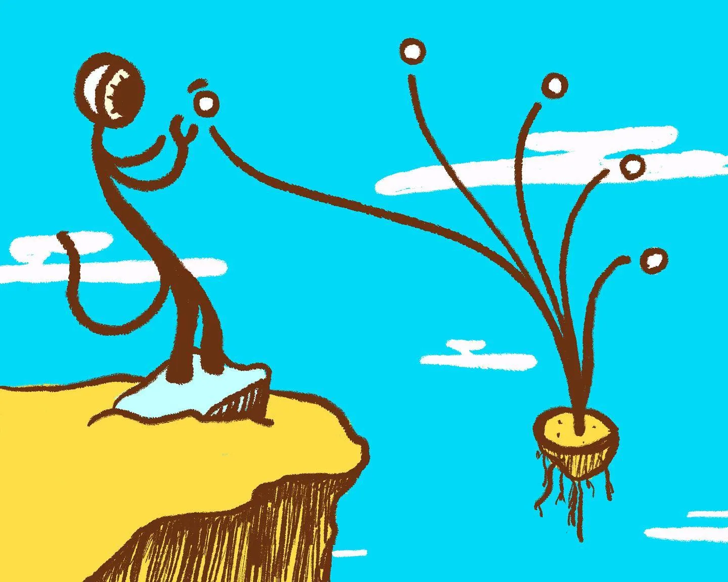 A black, stylized figure stands on a yellow cliff edge, aiming a small object toward a plant structure rooted in bright blue water beneath white clouds.