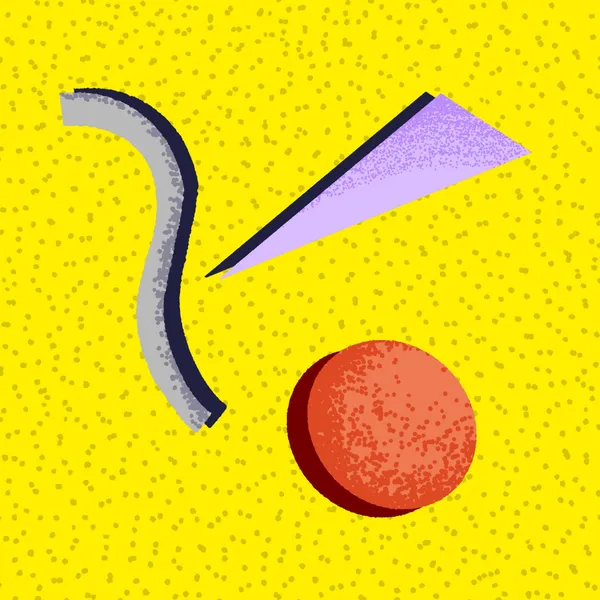 A bright yellow speckled background holds three abstract shapes: a wavy dark gray curve on the left, a diagonal purple trapezoid in the center, and a textured red circle at the bottom right.