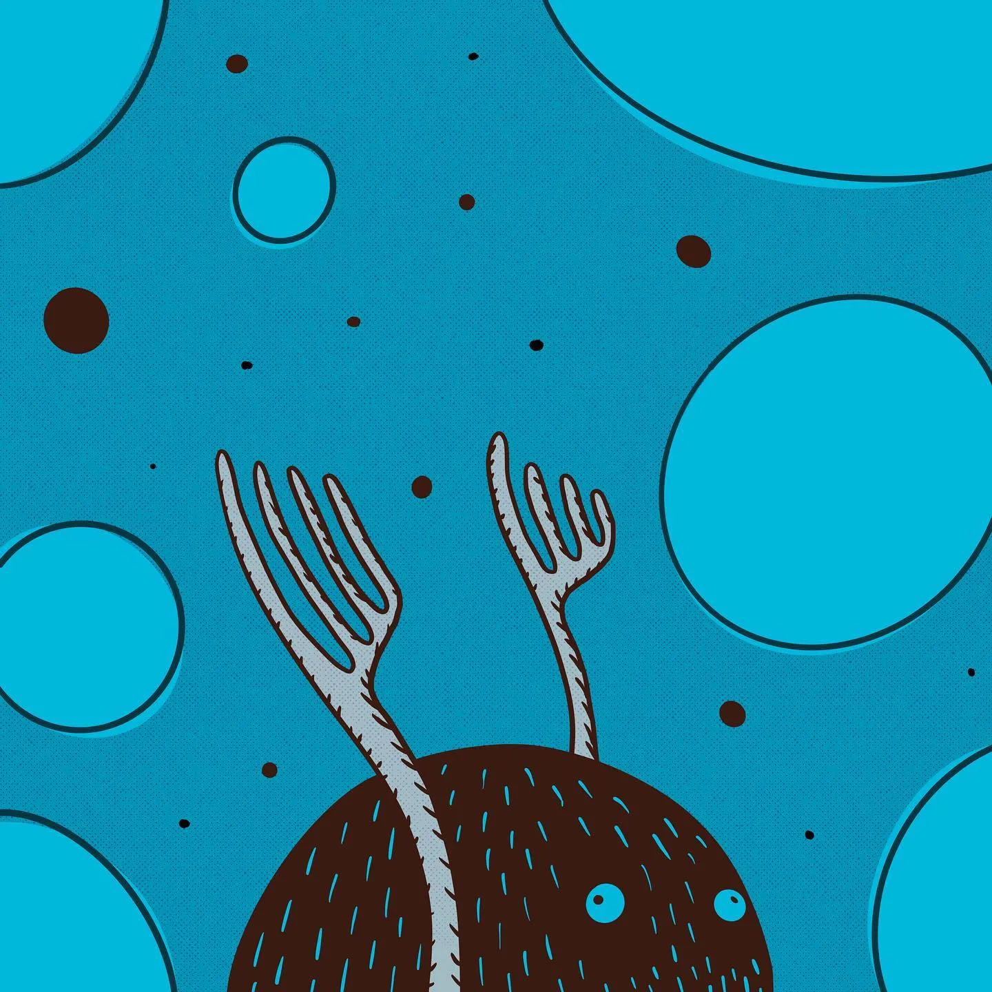 A dark, textured, round creature with white antlers emerges from the bottom center against a bright teal background filled with overlapping light blue circles and small dark dots.