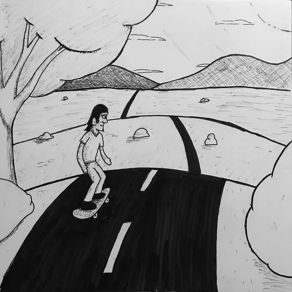 A black and white sketch depicts a figure skateboarding down a dark, curved road that leads into a wide, open landscape of rolling hills.