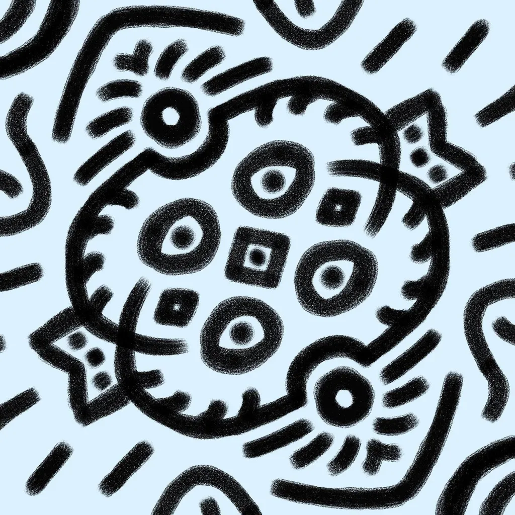 Bold black abstract shapes dominate a pale blue background, featuring a central circular motif with internal geometric patterns surrounded by thick, curving lines.