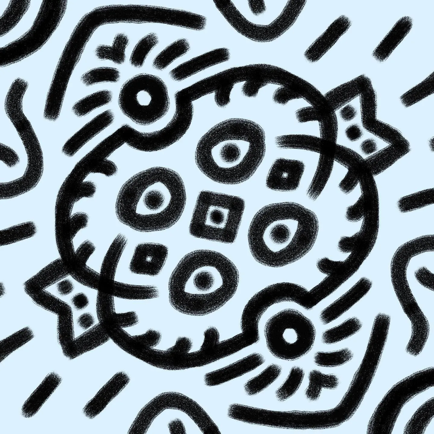 Bold black abstract shapes dominate a pale blue background, featuring a central circular motif with internal geometric patterns surrounded by thick, curving lines.