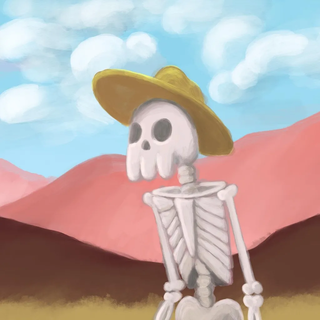 A stylized skeleton wearing a yellow cowboy hat stands in a field against a backdrop of layered pink and brown mountains under a blue sky with white clouds.