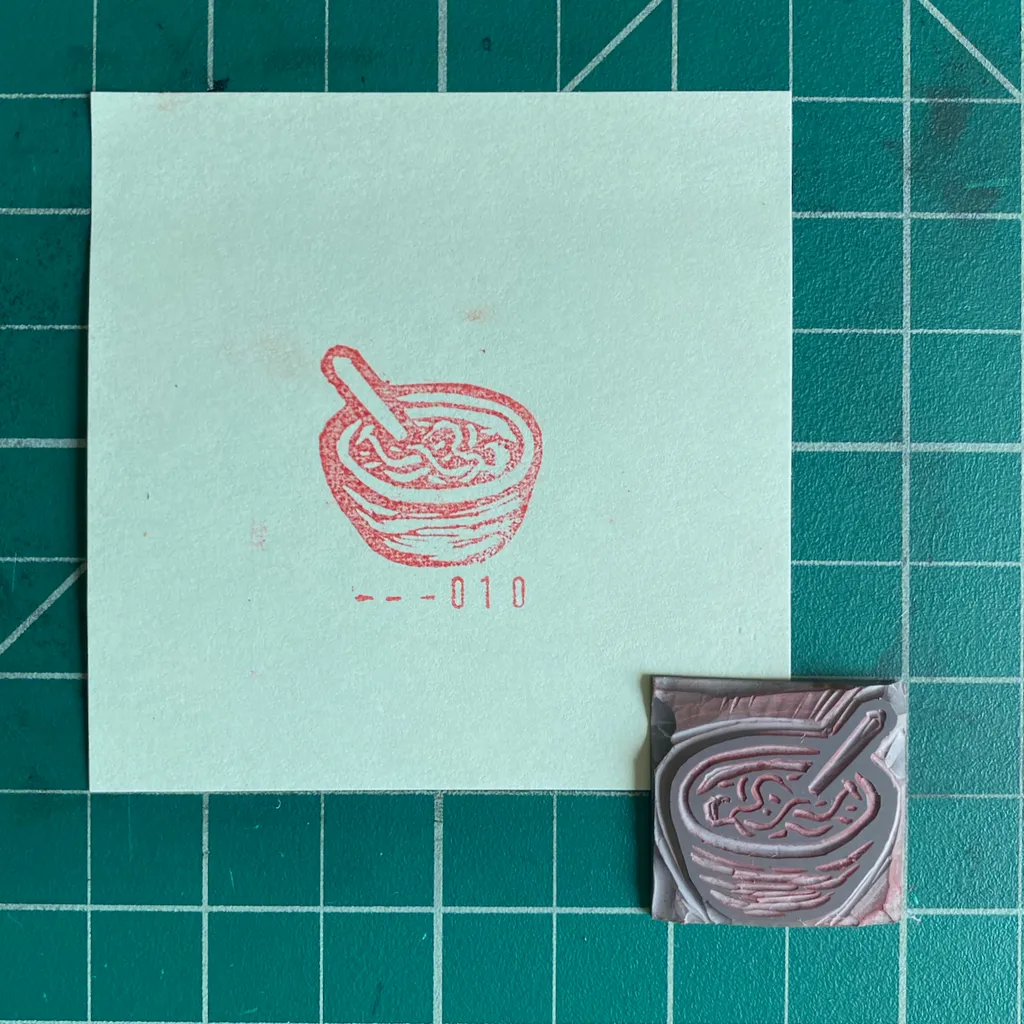 The composition features a light mint card on a teal grid background, displaying a red sketch of noodles and the number -010, next to a small, reddish-brown square with a matching embossed noodle sketch.