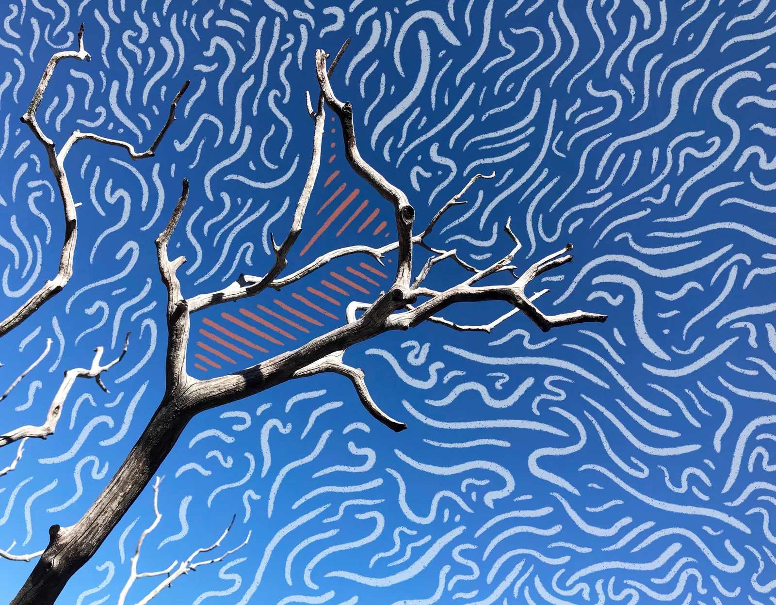 A dark, bare tree branch crosses a bright blue background covered in dense, wavy white lines, with a partially visible orange geometric shape behind the trunk.