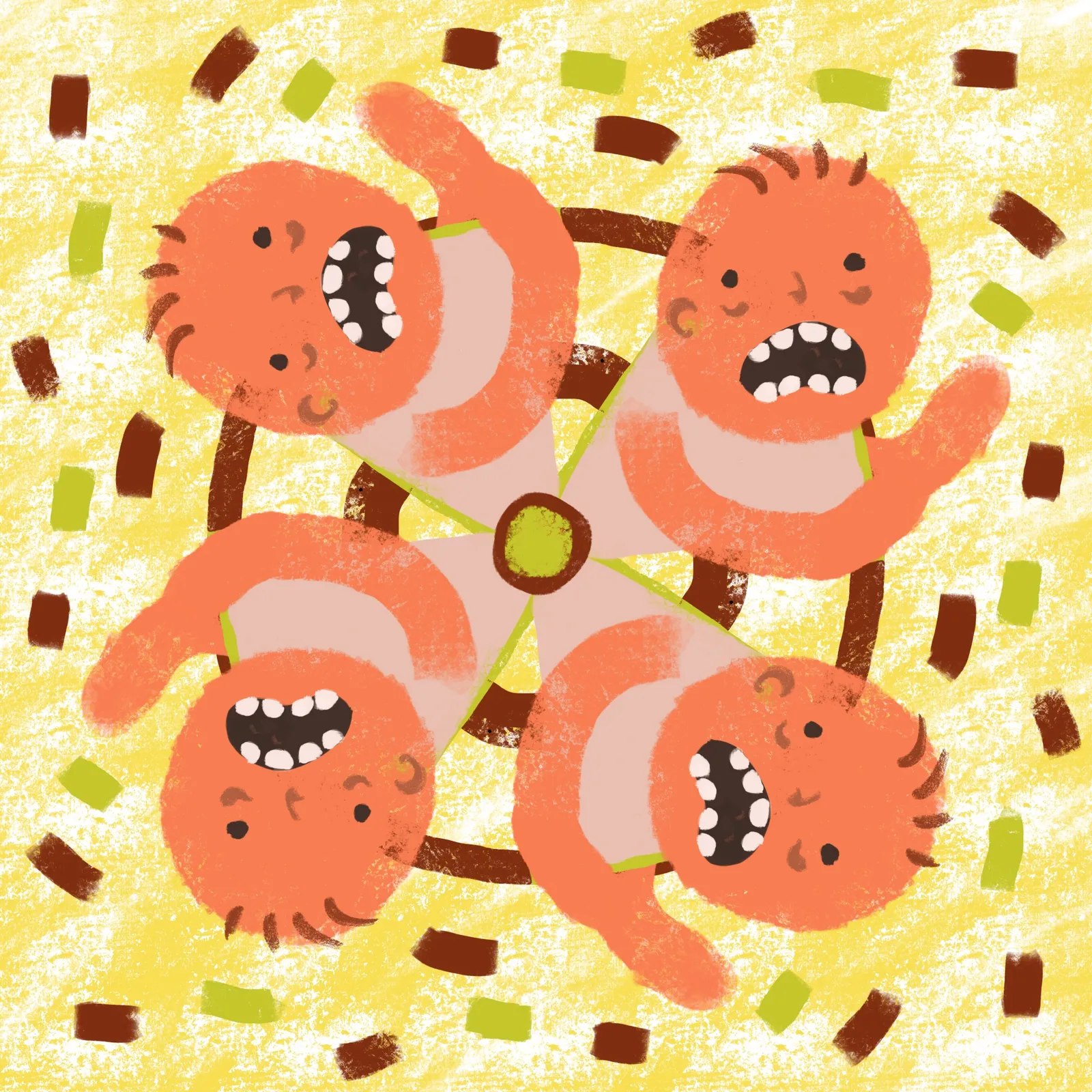 Three stylized orange figures are arranged in a triangle on a yellow background, featuring exaggerated teeth and dark splatters, with a central connecting point.