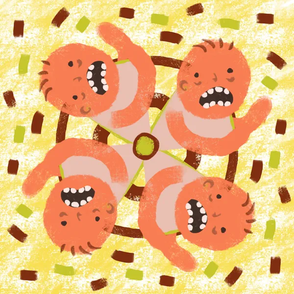 Three stylized orange figures are arranged in a triangle on a yellow background, featuring exaggerated teeth and dark splatters, with a central connecting point.