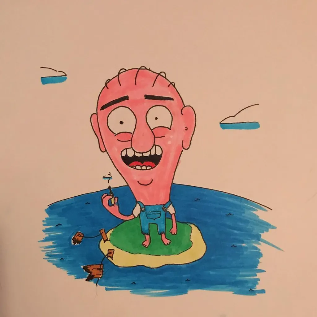 A cartoon drawing features a large, reddish-skinned head with wide eyes and a wide mouth, positioned above a small green island in blue water, where the figure wears blue shorts and holds a stick.