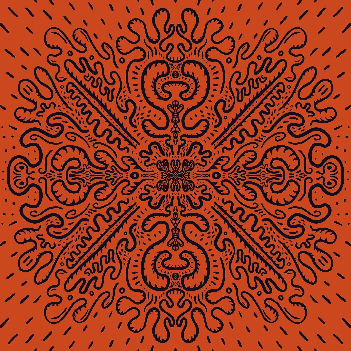 Symmetrical, mandala-like pattern in black ink on a terracotta background, featuring intricate swirling motifs and radiating organic shapes against a speckled field.