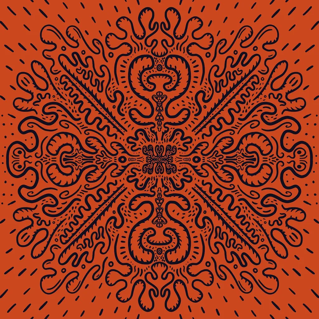 Symmetrical, mandala-like pattern in black ink on a terracotta background, featuring intricate swirling motifs and radiating organic shapes against a speckled field.