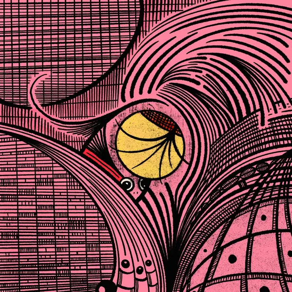 Abstract composition in pink and black features sweeping, curved lines and dense grids, centering a yellow basketball within a large, stylized, eye-like form.