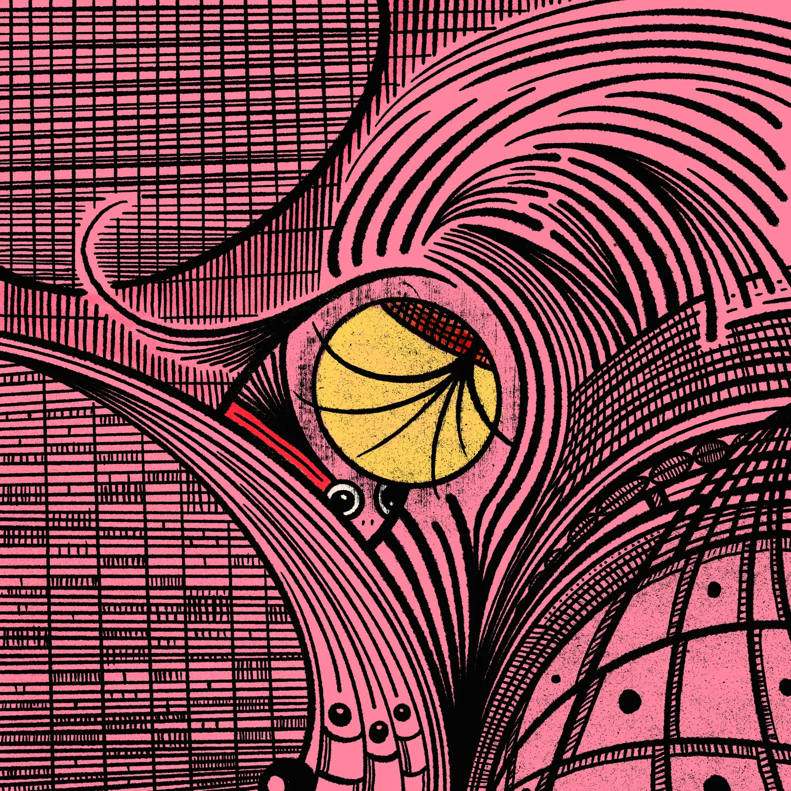 Abstract composition in pink and black features sweeping, curved lines and dense grids, centering a yellow basketball within a large, stylized, eye-like form.