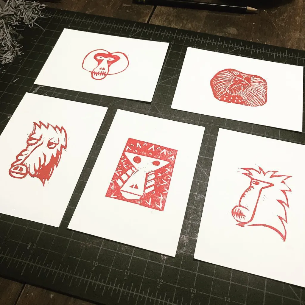 Six red drawings, including masks and stylized animal faces, are printed on white paper and arranged in three rows on a dark, gridded surface.