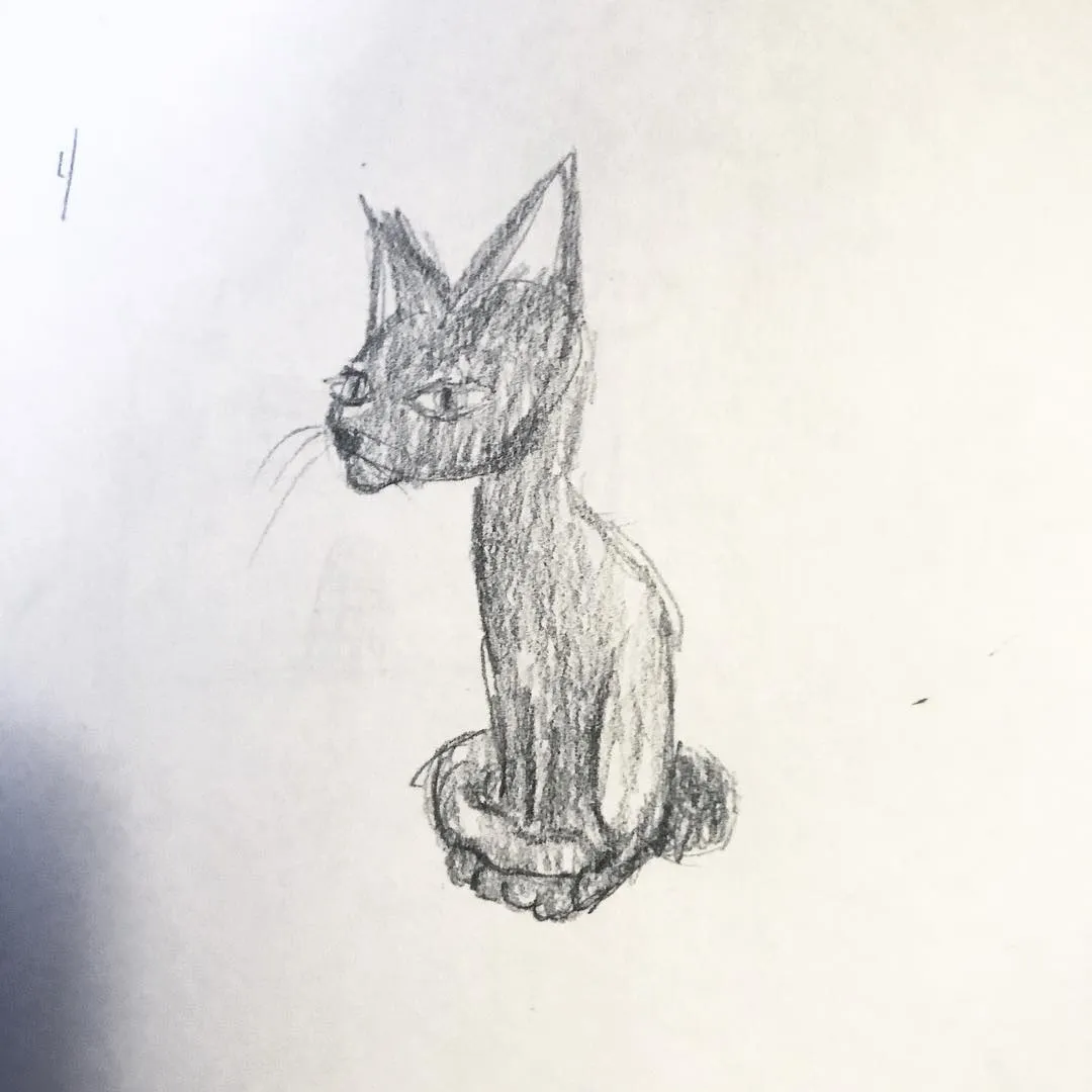 A pencil sketch of a stylized, seated cat with pointed ears and a slender body, facing left.